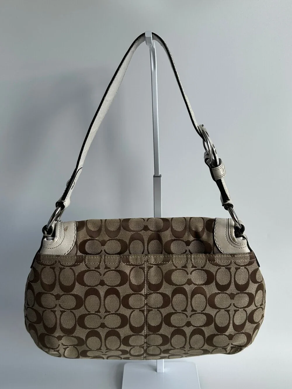 Coach Soho Signature Flap Shoulder Bag Khaki Canvas White Leather Trim